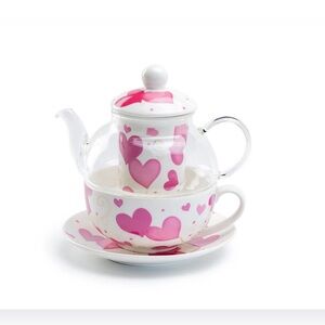 Grace’s Teaware Pink Hearts Glass and Fine Porcelain Tea For One Set